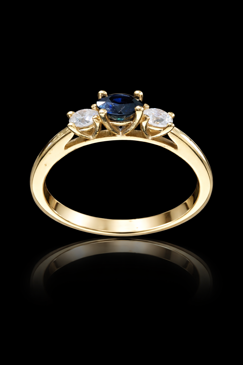 Natural Blue Sapphire & Diamond Three-Stone Ring in 14K Yellow Gold | Round Brilliant Accent Setting