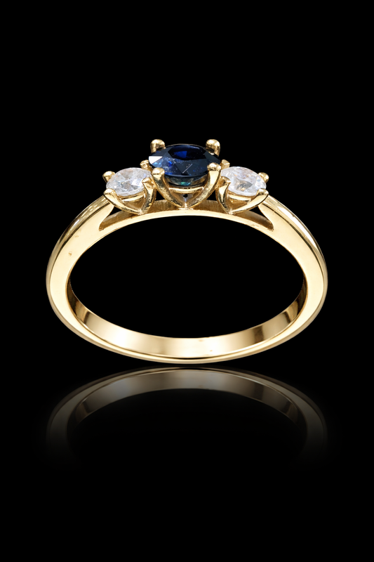 Natural Blue Sapphire & Diamond Three-Stone Ring in 14K Yellow Gold | Round Brilliant Accent Setting
