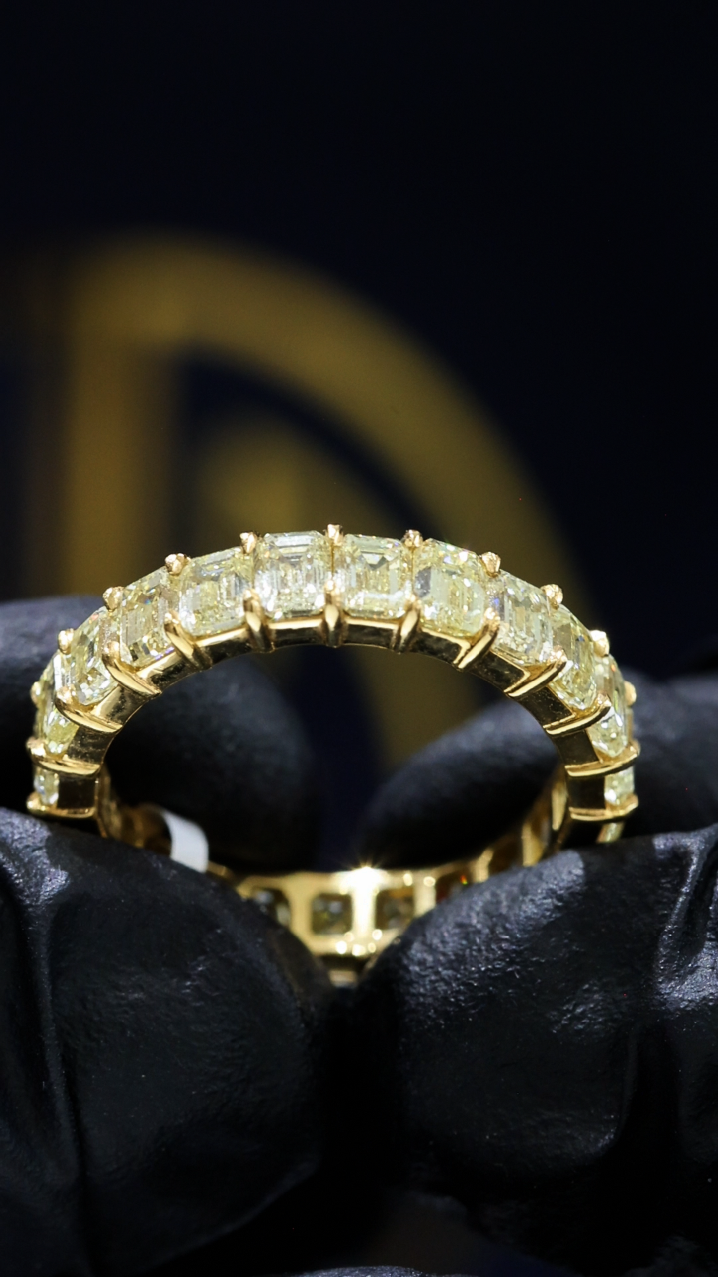 Natural Fancy Yellow Emerald Cut Diamond Eternity Band in 14K Yellow Gold | 4.30ct houston jeweler
