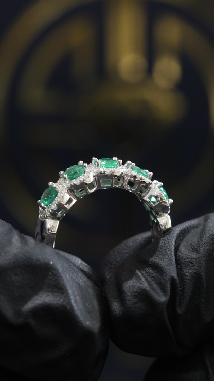 Emerald & Diamond Halo Band in White Gold | Round Emeralds & Brilliant Diamond Accents