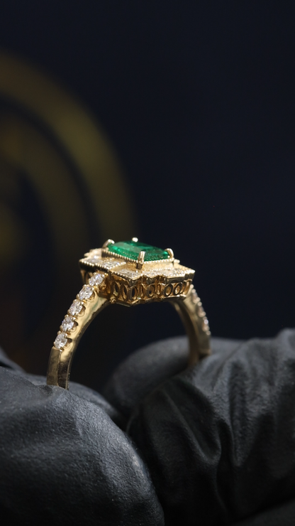 Emerald-Cut Emerald Halo Ring in Yellow Gold | Diamond Accents & Art Deco Frame