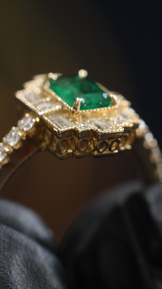 Emerald-Cut Emerald Halo Ring in Yellow Gold | Diamond Accents & Art Deco Frame