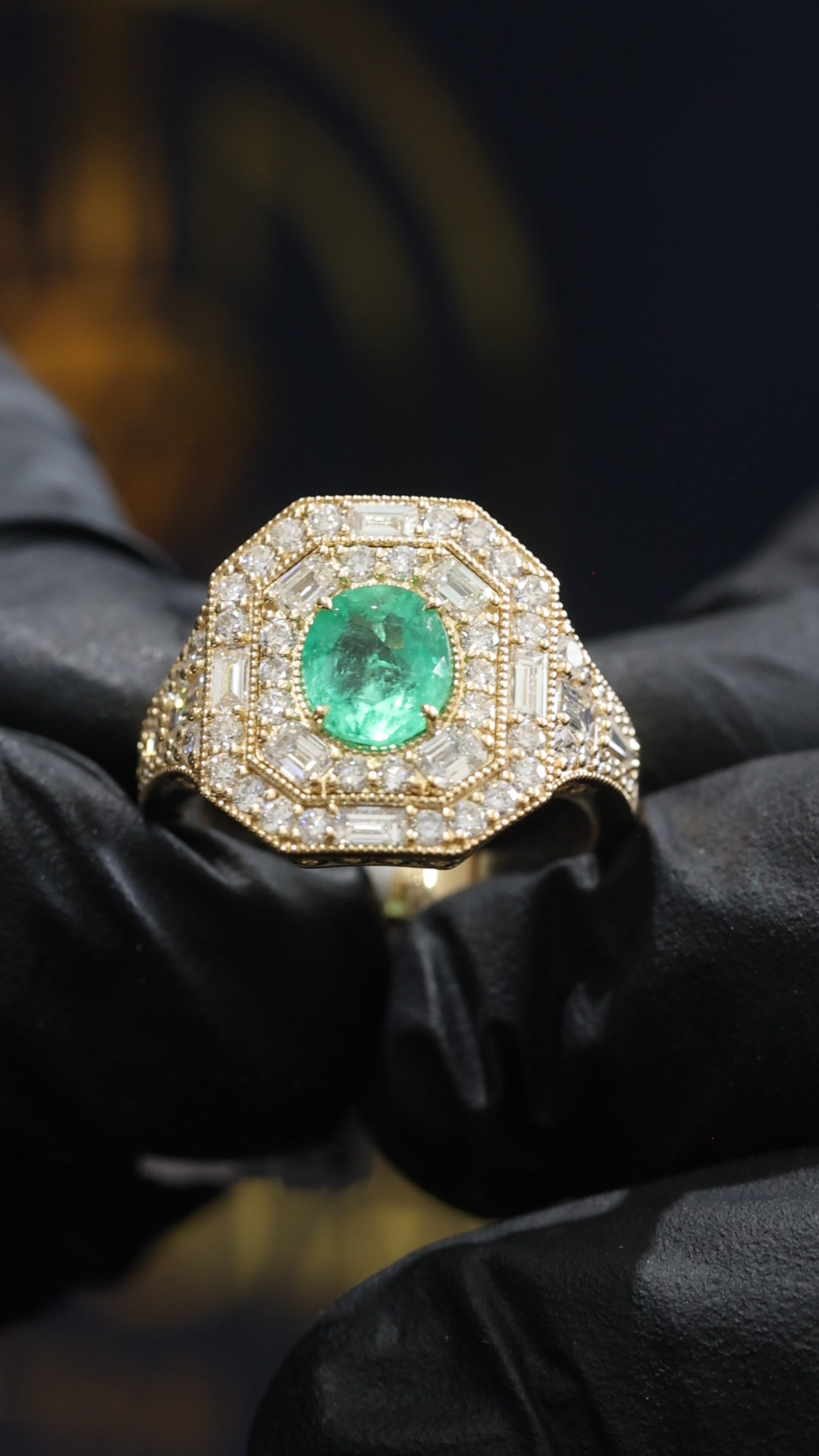 Vintage Octagonal Emerald Halo Ring in Yellow Gold | Baguette & Round Diamond Double Halo