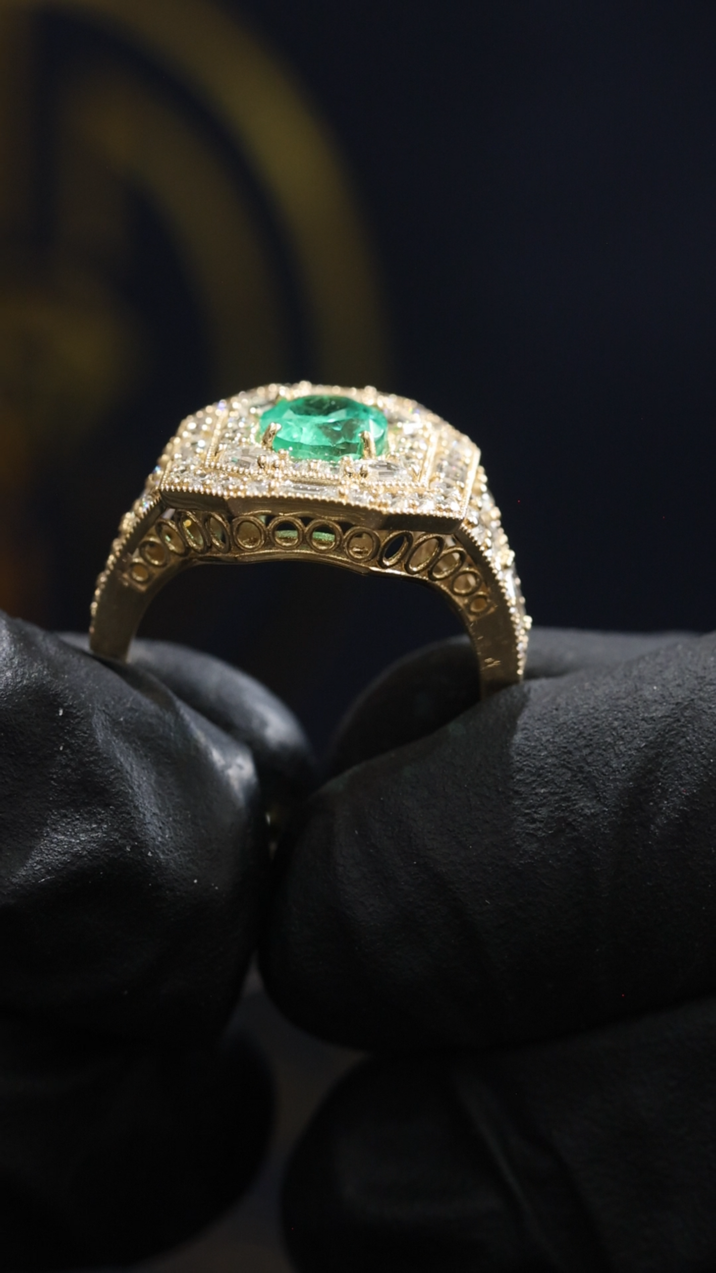 Vintage Octagonal Emerald Halo Ring in Yellow Gold | Baguette & Round Diamond Double Halo