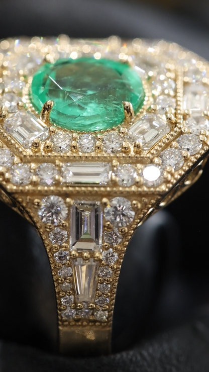 Vintage Octagonal Emerald Halo Ring in Yellow Gold | Baguette & Round Diamond Double Halo