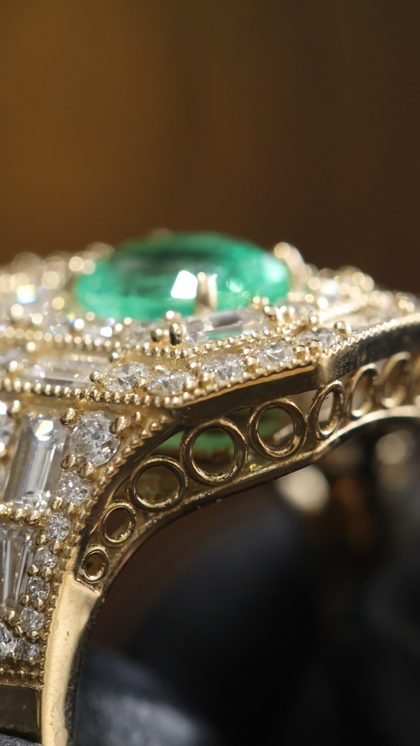 Vintage Octagonal Emerald Halo Ring in Yellow Gold | Baguette & Round Diamond Double Halo
