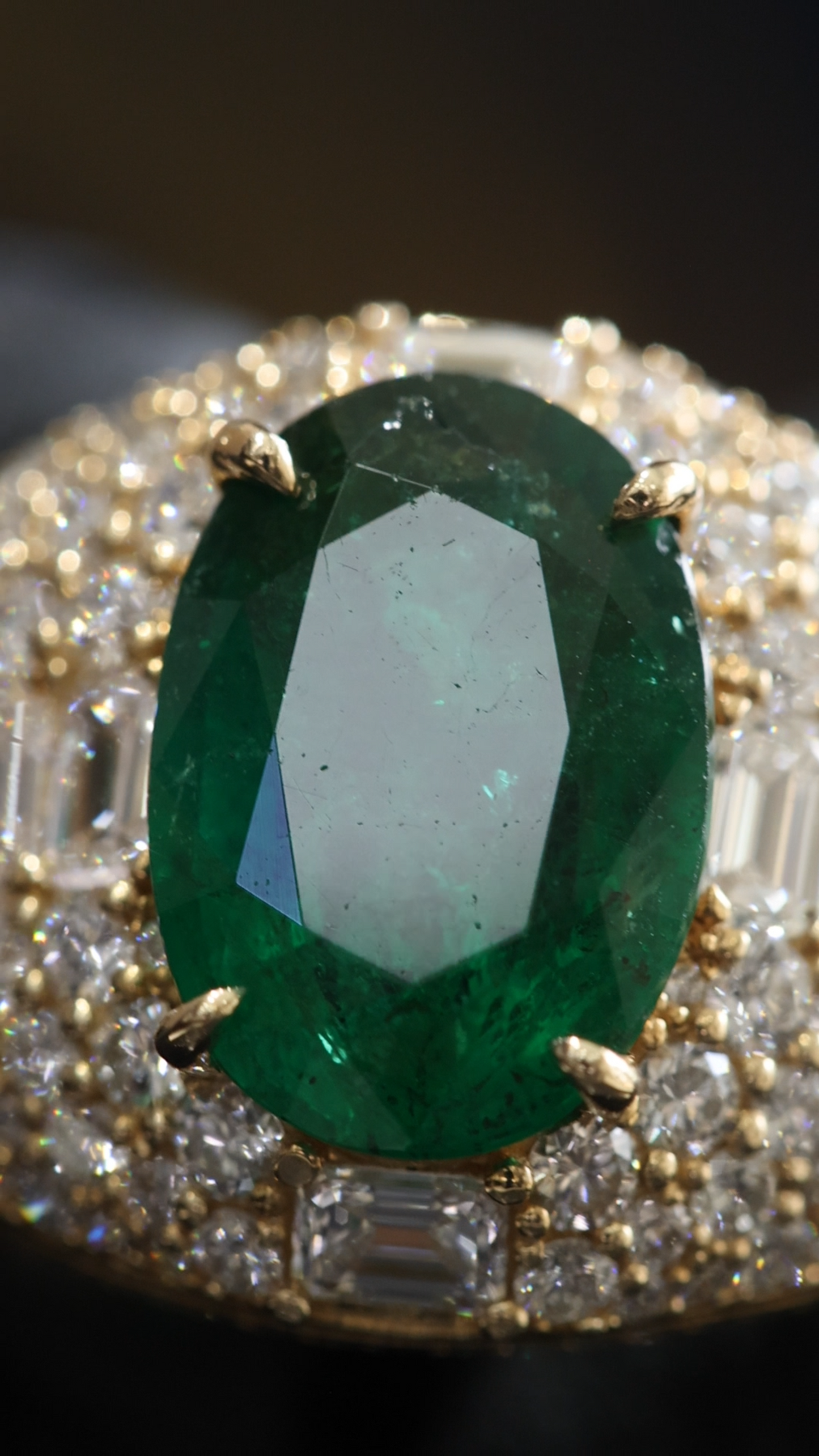 Oval Emerald Double Halo Ring in Yellow Gold | Diamond Pavé Statement Setting