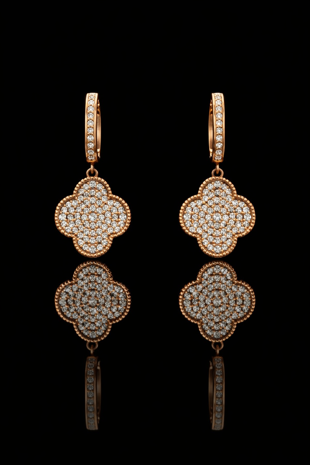14K rose gold pavé diamond clover drop earrings with diamond hoop and round brilliant diamonds