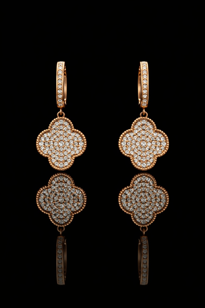 14K rose gold pavé diamond clover drop earrings with diamond hoop and round brilliant diamonds