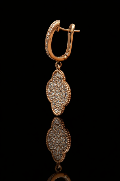 14K rose gold pavé diamond clover drop earrings with diamond hoop and round brilliant diamonds