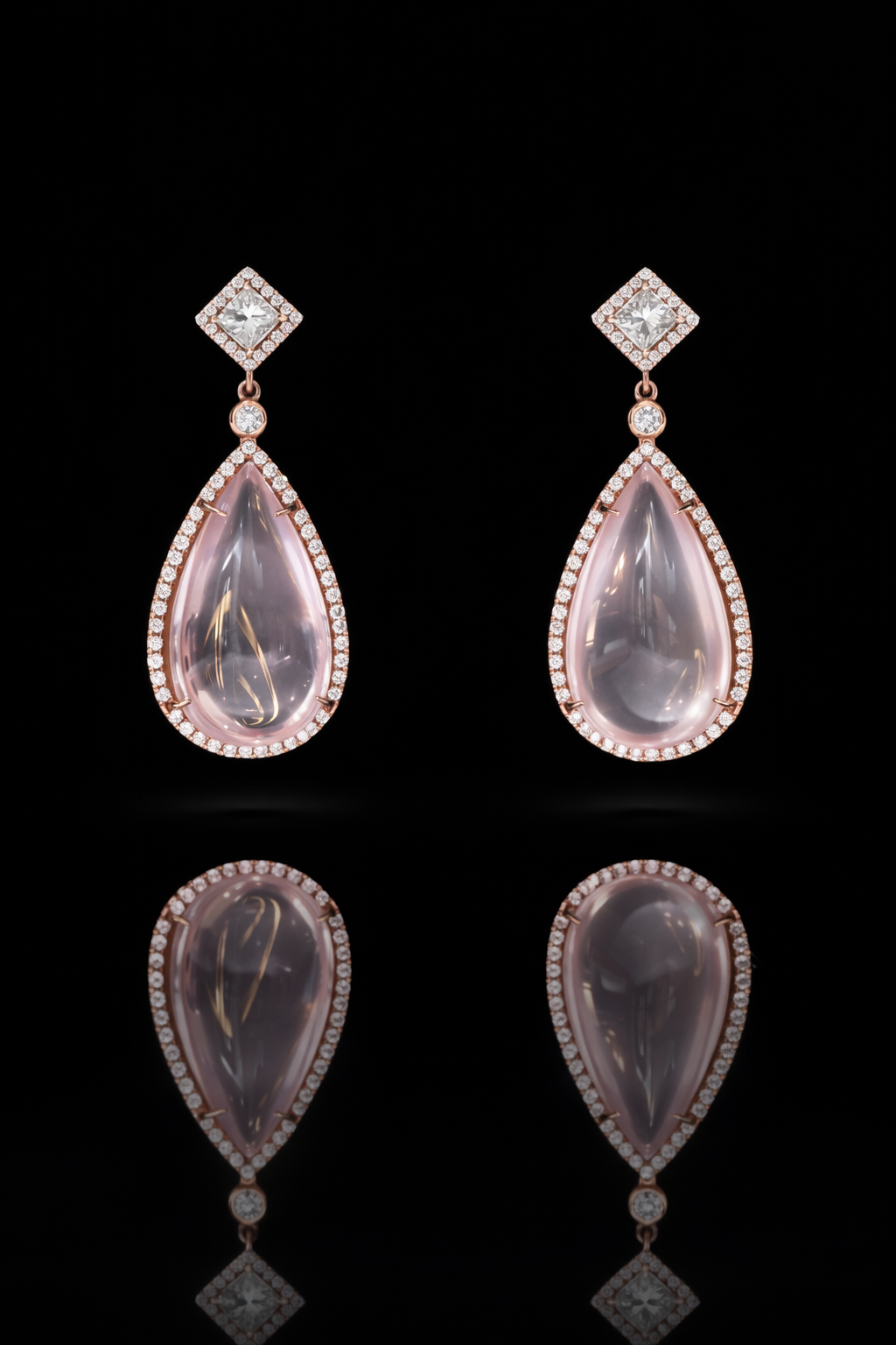 14k rose gold rose quartz pear halo drop earrings 35 carat gemstone with 2 carat GH SI diamonds luxury Houston jewelry