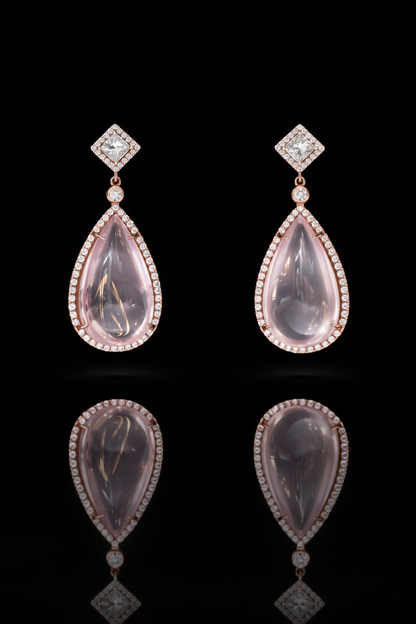 14k rose gold rose quartz pear halo drop earrings 35 carat gemstone with 2 carat GH SI diamonds luxury Houston jewelry