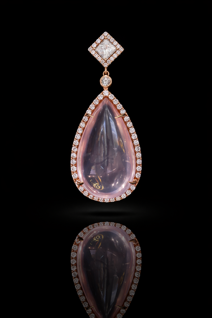 14k rose gold rose quartz pear halo drop earrings 35 carat gemstone with 2 carat GH SI diamonds luxury Houston jewelry