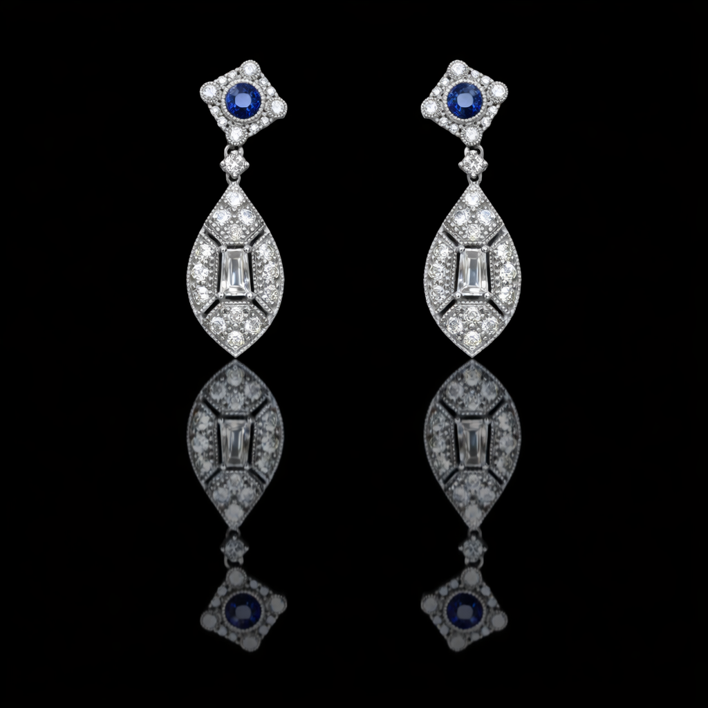 Natural sapphire and emerald-cut diamond vintage drop earrings in 14K white gold with 1.15CT G-H SI pavé diamonds – Houston fine jewelry by Endless Diamonds.