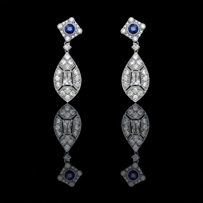 Natural sapphire and emerald-cut diamond vintage drop earrings in 14K white gold with 1.15CT G-H SI pavé diamonds – Houston fine jewelry by Endless Diamonds.