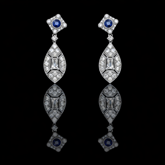 Natural sapphire and emerald-cut diamond vintage drop earrings in 14K white gold with 1.15CT G-H SI pavé diamonds – Houston fine jewelry by Endless Diamonds.