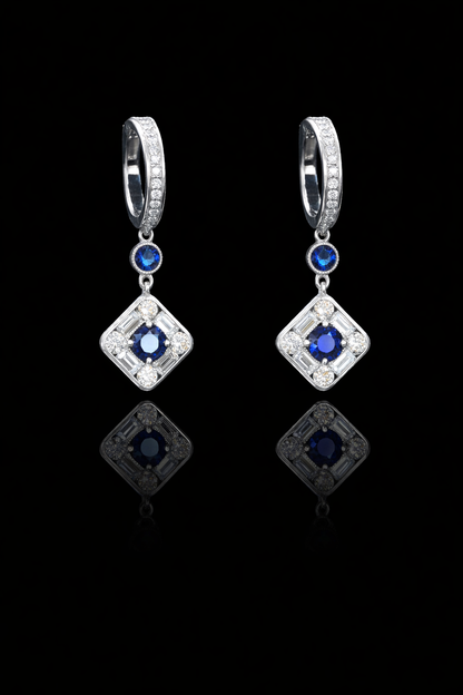 Natural sapphire diamond geometric drop earrings in 14K white gold with 0.90CT sapphires and 0.82CT G-H SI diamonds – Houston fine jewelry by Endless Diamonds.