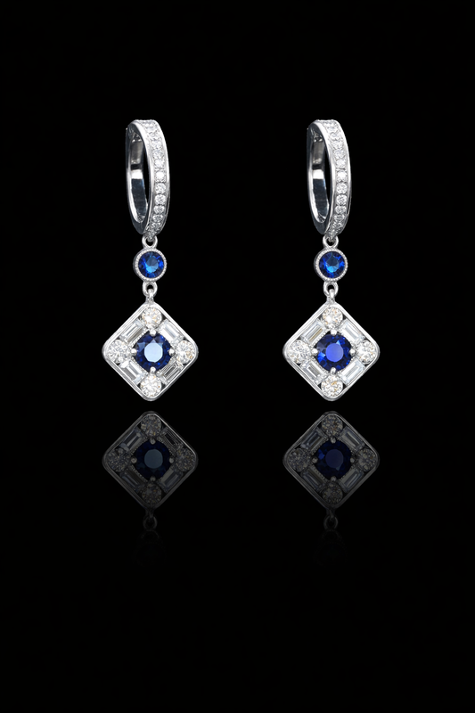 Natural sapphire diamond geometric drop earrings in 14K white gold with 0.90CT sapphires and 0.82CT G-H SI diamonds – Houston fine jewelry by Endless Diamonds.