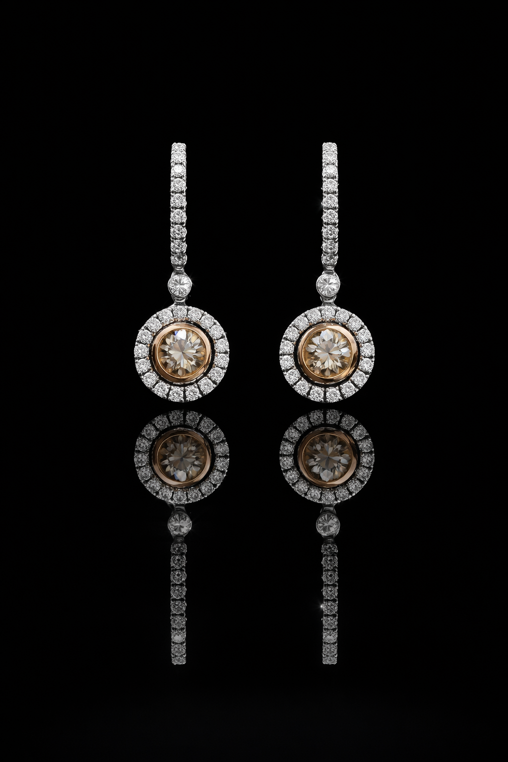 14k white gold champagne diamond halo drop earrings 2.95 carat GH SI diamonds luxury fine jewelry Houston TX