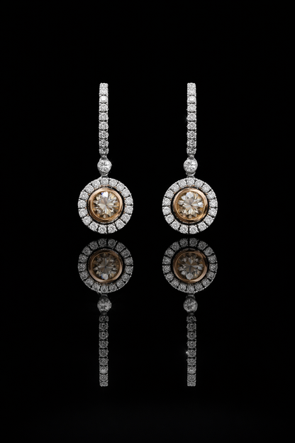 14k white gold champagne diamond halo drop earrings 2.95 carat GH SI diamonds luxury fine jewelry Houston TX