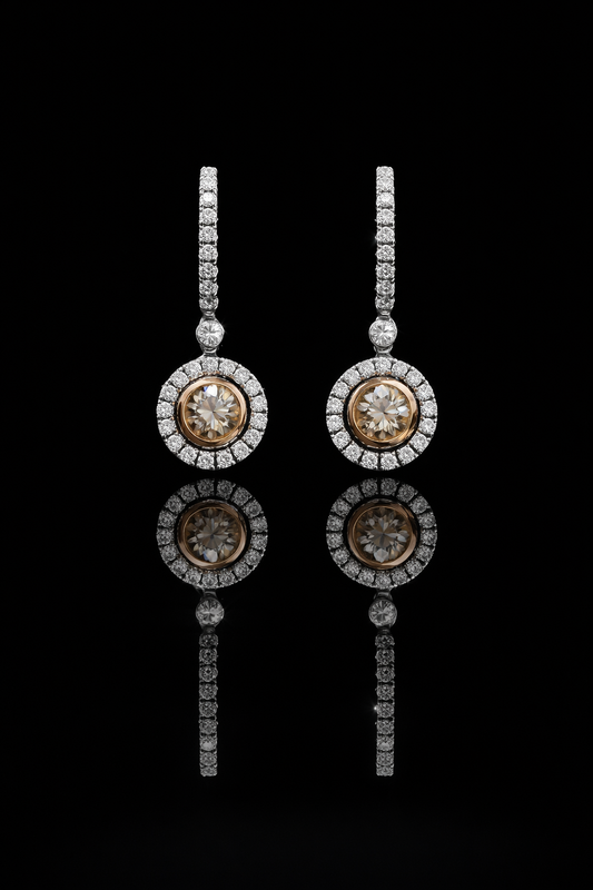 14k white gold champagne diamond halo drop earrings 2.95 carat GH SI diamonds luxury fine jewelry Houston TX