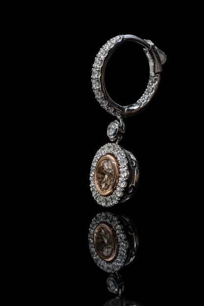 14k white gold champagne diamond halo drop earrings 2.95 carat GH SI diamonds luxury fine jewelry Houston TX