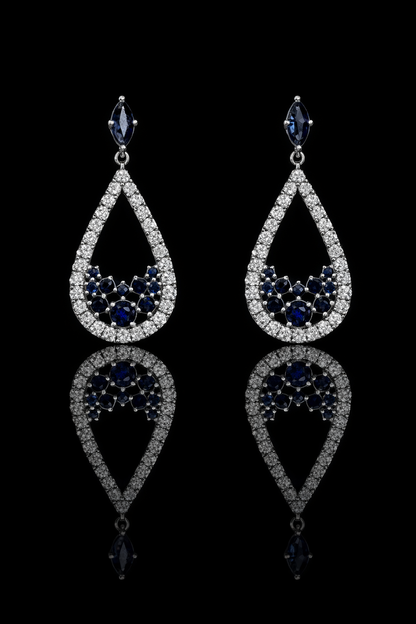 Natural sapphire diamond teardrop dangle earrings in 14K white gold with 1.00CT G-H SI pavé diamonds – luxury Houston fine jewelry by Endless Diamonds.