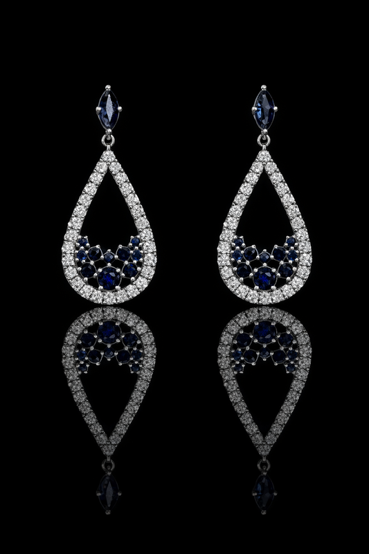 Natural sapphire diamond teardrop dangle earrings in 14K white gold with 1.00CT G-H SI pavé diamonds – luxury Houston fine jewelry by Endless Diamonds.