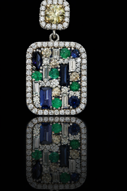 Natural multi gemstone diamond halo drop earrings in 14K white gold with 2.80CT G-H SI diamonds and 2.30CT colored gemstones – Houston fine jewelry by Endless Diamonds.