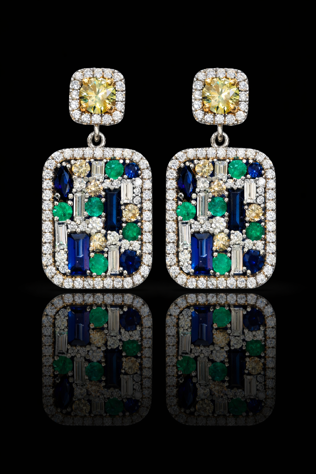 Natural multi gemstone diamond halo drop earrings in 14K white gold with 2.80CT G-H SI diamonds and 2.30CT colored gemstones – Houston fine jewelry by Endless Diamonds.