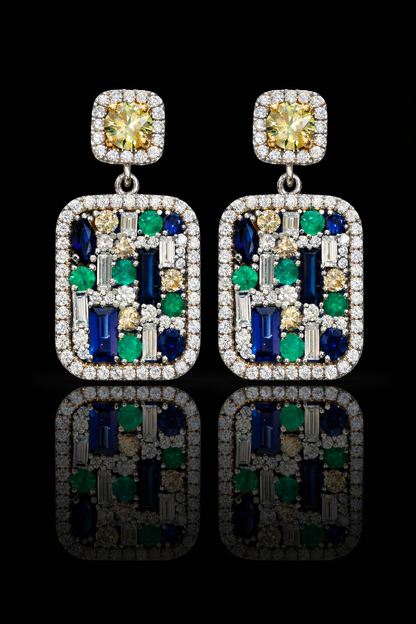 Natural multi gemstone diamond halo drop earrings in 14K white gold with 2.80CT G-H SI diamonds and 2.30CT colored gemstones – Houston fine jewelry by Endless Diamonds.