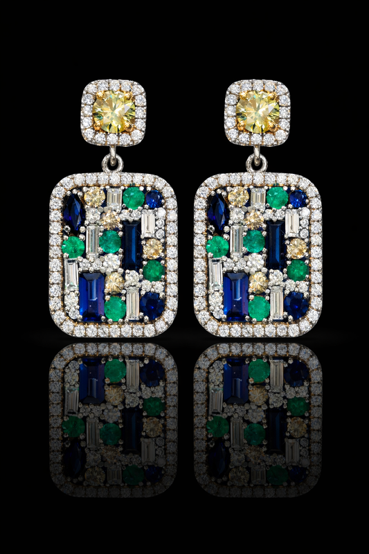 Natural multi gemstone diamond halo drop earrings in 14K white gold with 2.80CT G-H SI diamonds and 2.30CT colored gemstones – Houston fine jewelry by Endless Diamonds.