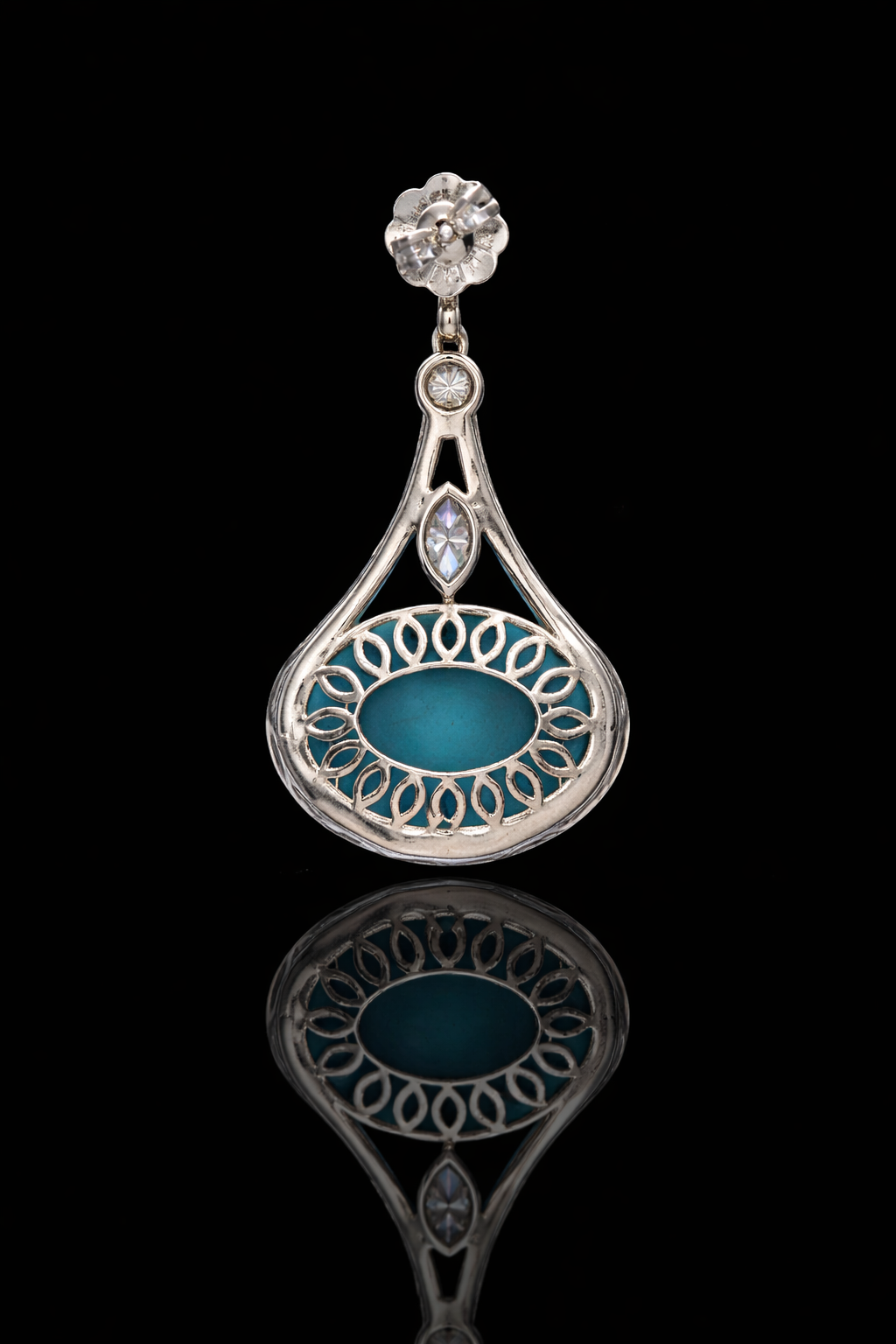 14K white gold tourmaline diamond halo drop earrings with pavé diamond frame and blue cabochon tourmaline center