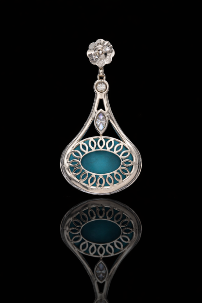 14K white gold tourmaline diamond halo drop earrings with pavé diamond frame and blue cabochon tourmaline center