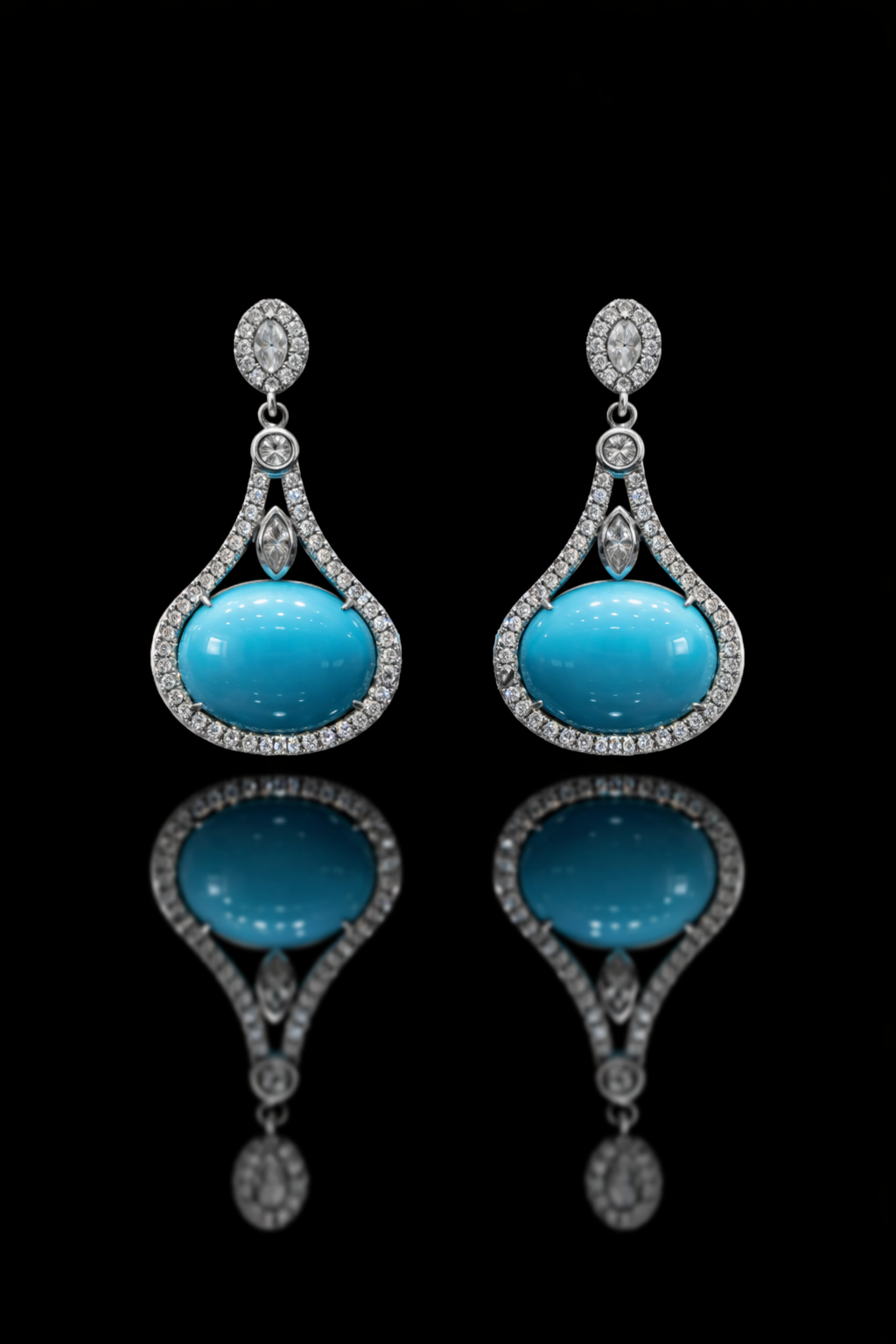 14K white gold tourmaline diamond halo drop earrings with pavé diamond frame and blue cabochon tourmaline center