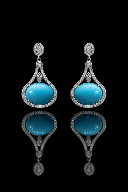 14K white gold tourmaline diamond halo drop earrings with pavé diamond frame and blue cabochon tourmaline center