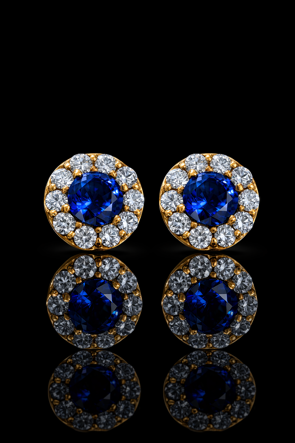 Natural round sapphire diamond halo stud earrings in 14K yellow gold with 0.20CT G-H SI diamonds – fine Houston jewelry by Endless Diamonds.