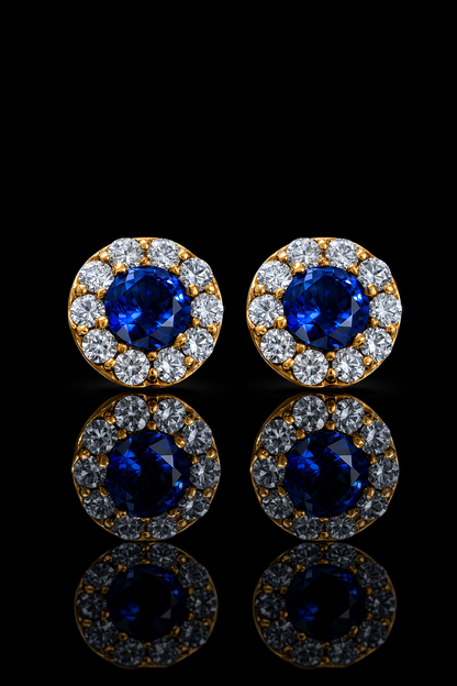 Natural round sapphire diamond halo stud earrings in 14K yellow gold with 0.20CT G-H SI diamonds – fine Houston jewelry by Endless Diamonds.