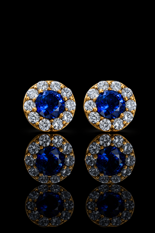 Natural round sapphire diamond halo stud earrings in 14K yellow gold with 0.20CT G-H SI diamonds – fine Houston jewelry by Endless Diamonds.