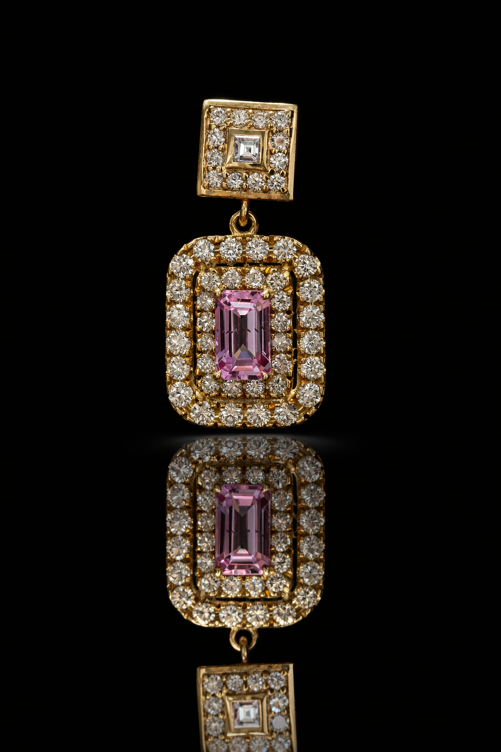 14k yellow gold pink tourmaline emerald cut halo drop earrings with diamond halo luxury Houston fine jewelry