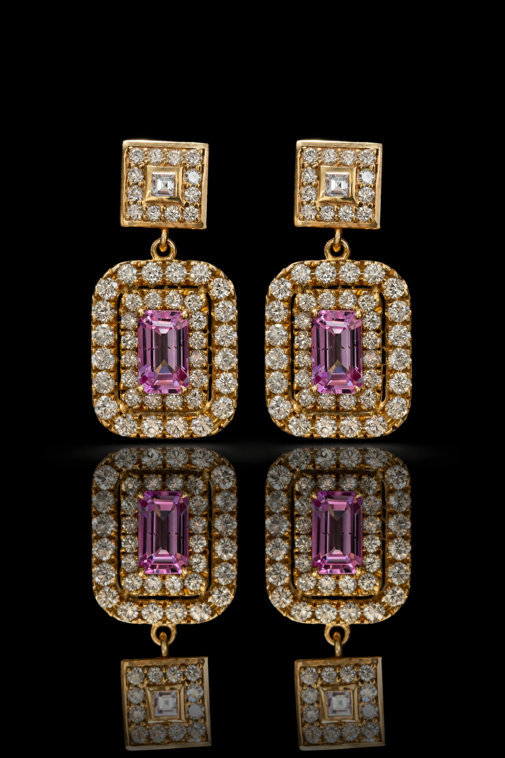 14k yellow gold pink tourmaline emerald cut halo drop earrings with diamond halo luxury Houston fine jewelry
