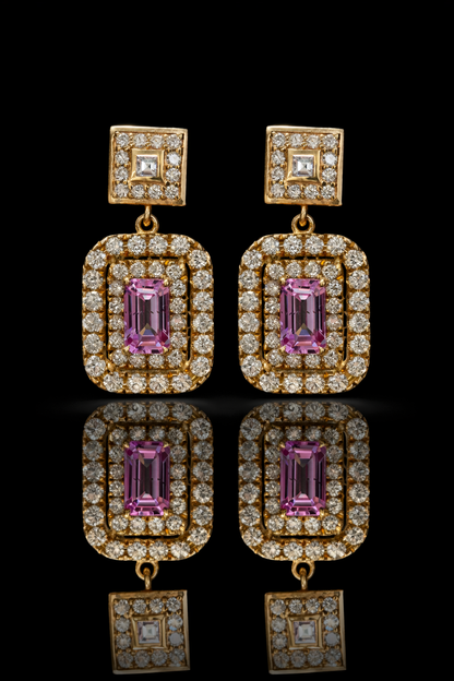 14k yellow gold pink tourmaline emerald cut halo drop earrings with diamond halo luxury Houston fine jewelry