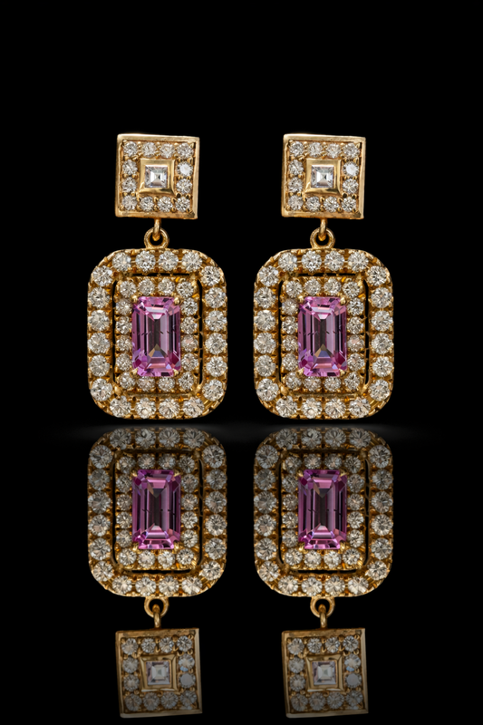 14k yellow gold pink tourmaline emerald cut halo drop earrings with diamond halo luxury Houston fine jewelry