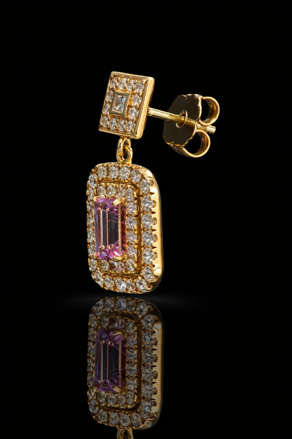 14k yellow gold pink tourmaline emerald cut halo drop earrings with diamond halo luxury Houston fine jewelry
