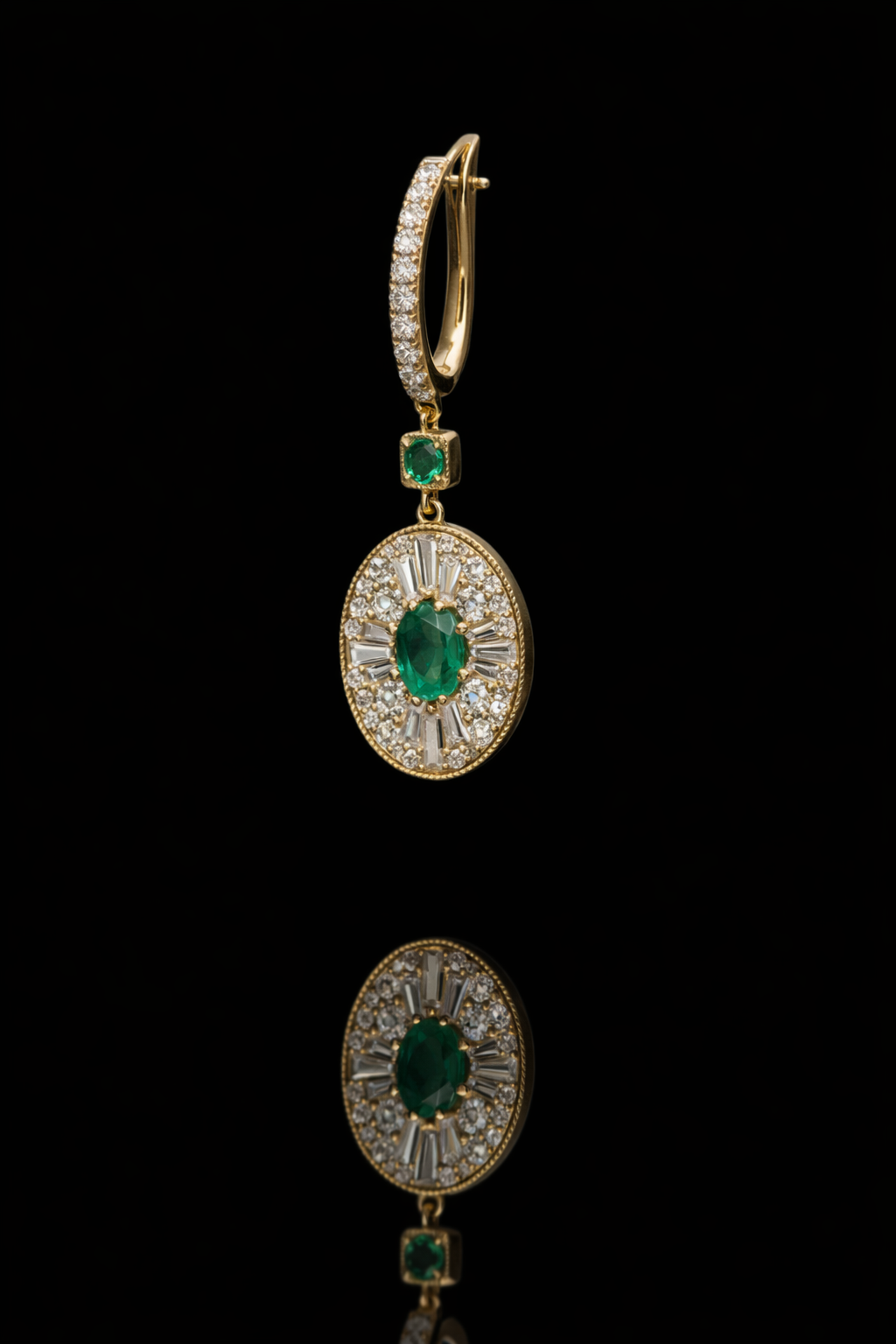 emerald diamond halo drop earrings 14k yellow gold pavé hoop luxury emerald jewelry houston