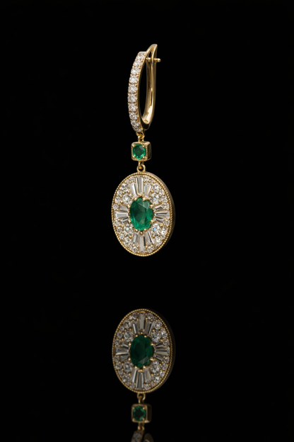 emerald diamond halo drop earrings 14k yellow gold pavé hoop luxury emerald jewelry houston