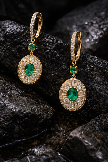emerald diamond halo drop earrings 14k yellow gold pavé hoop luxury emerald jewelry houston