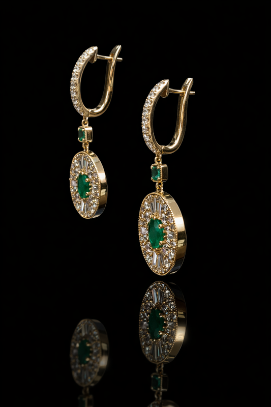 emerald diamond halo drop earrings 14k yellow gold pavé hoop luxury emerald jewelry houston