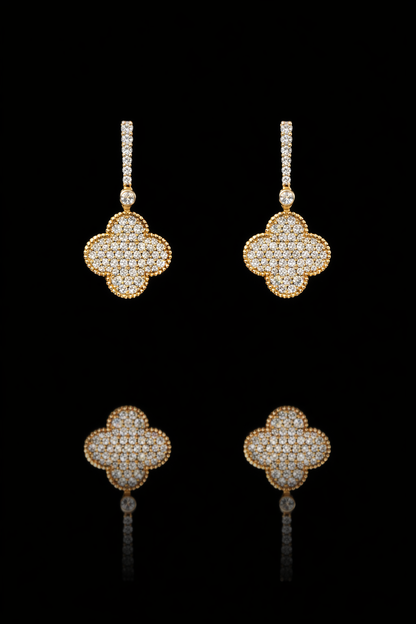 14K yellow gold pavé diamond clover drop earrings with vertical diamond bar and round brilliant diamonds