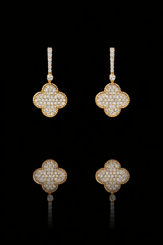 14K yellow gold pavé diamond clover drop earrings with vertical diamond bar and round brilliant diamonds